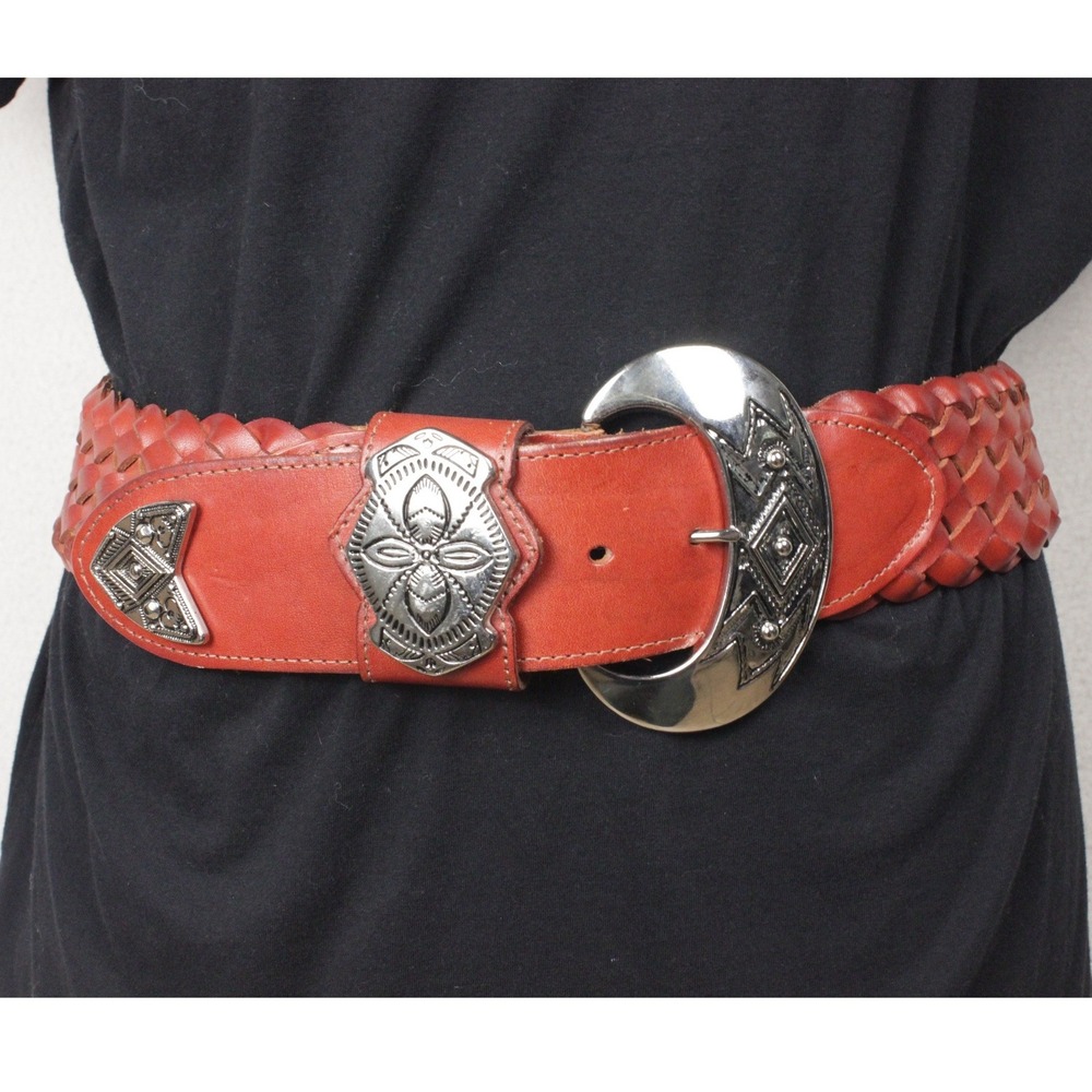 Vintage Y2K Oversized Buckle Brown Woven Leather Belt L Boho Western Statement